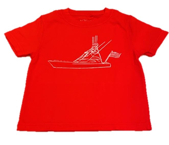 Short-Sleeve Red Sport Fishing Boat with Flag T-Shirt – Mustard