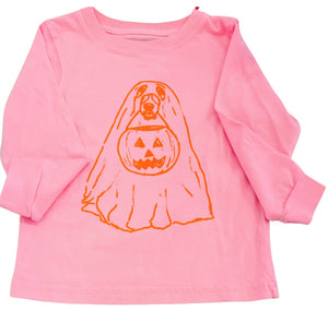 Long-Sleeve Light Pink Halloween Dog Ghost T-Shirt