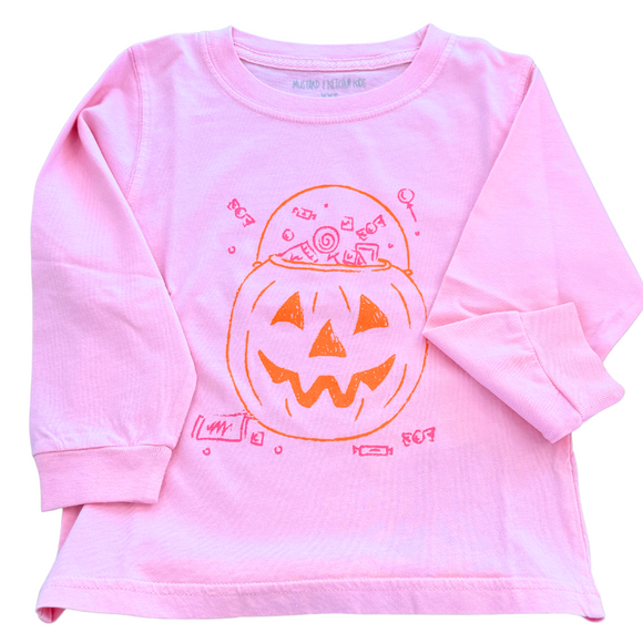 Long-Sleeve Pink/Orange Pumpkin Candy Bucket T-Shirt