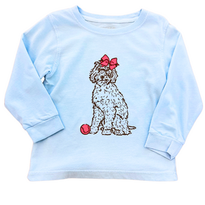 Long-Sleeve Light Blue Golden Doodle with Bow T-Shirt