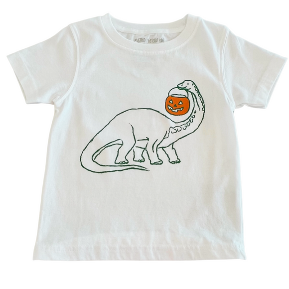 Short-Sleeve White Halloween Dinosaur with Candy T-Shirt