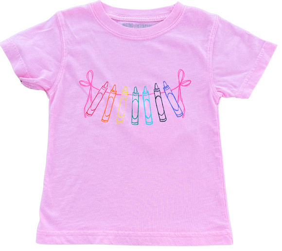 Short-Sleeve Light Pink Colorful Crayons with Bows T-Shirt