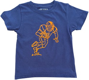 Navy t-shirt with orange football player on the front center.